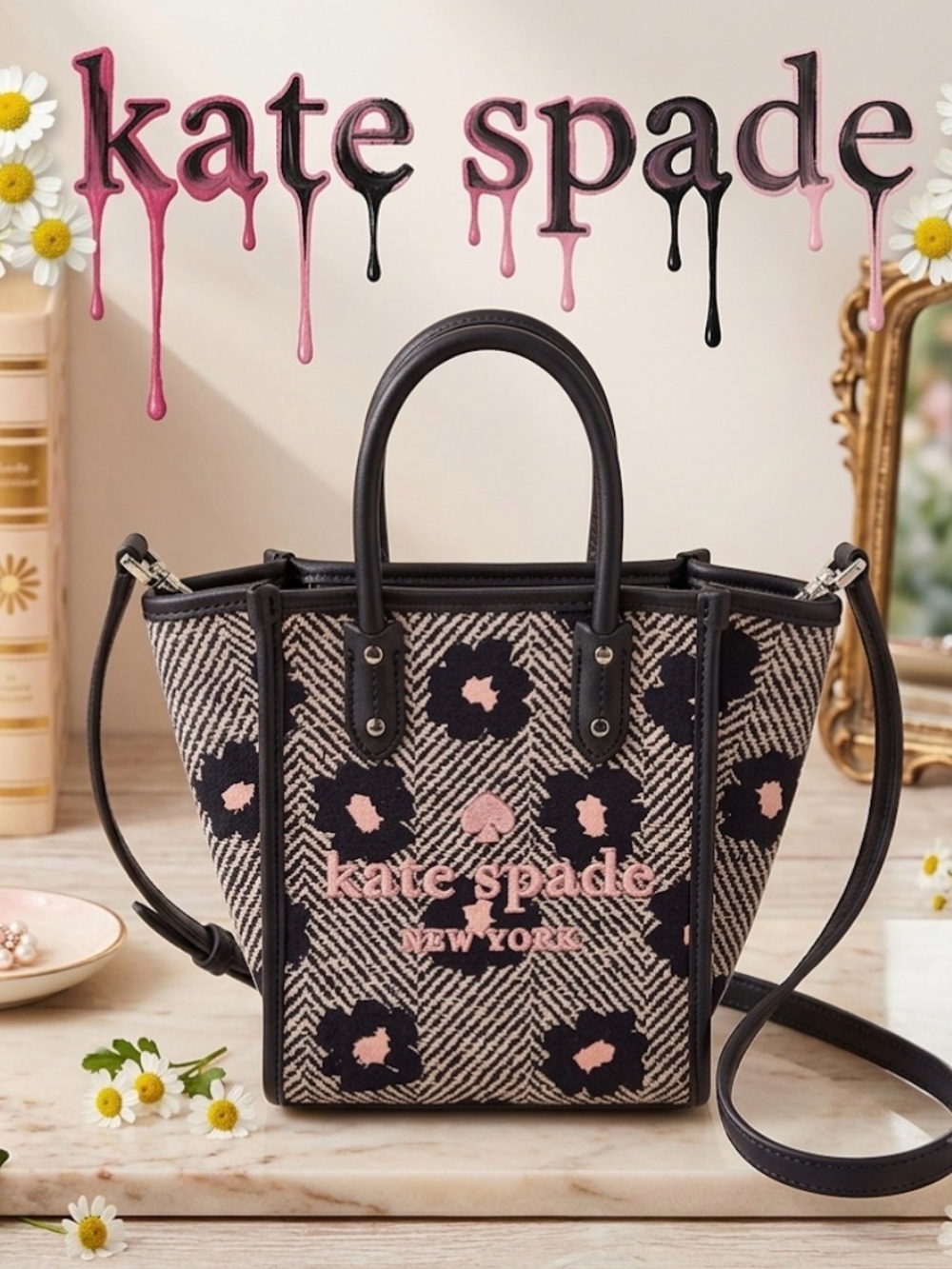 Kate Spade ♠️ Ella Mini Tote Bag Shoulder Bag Herringbone Flower Black ♠️